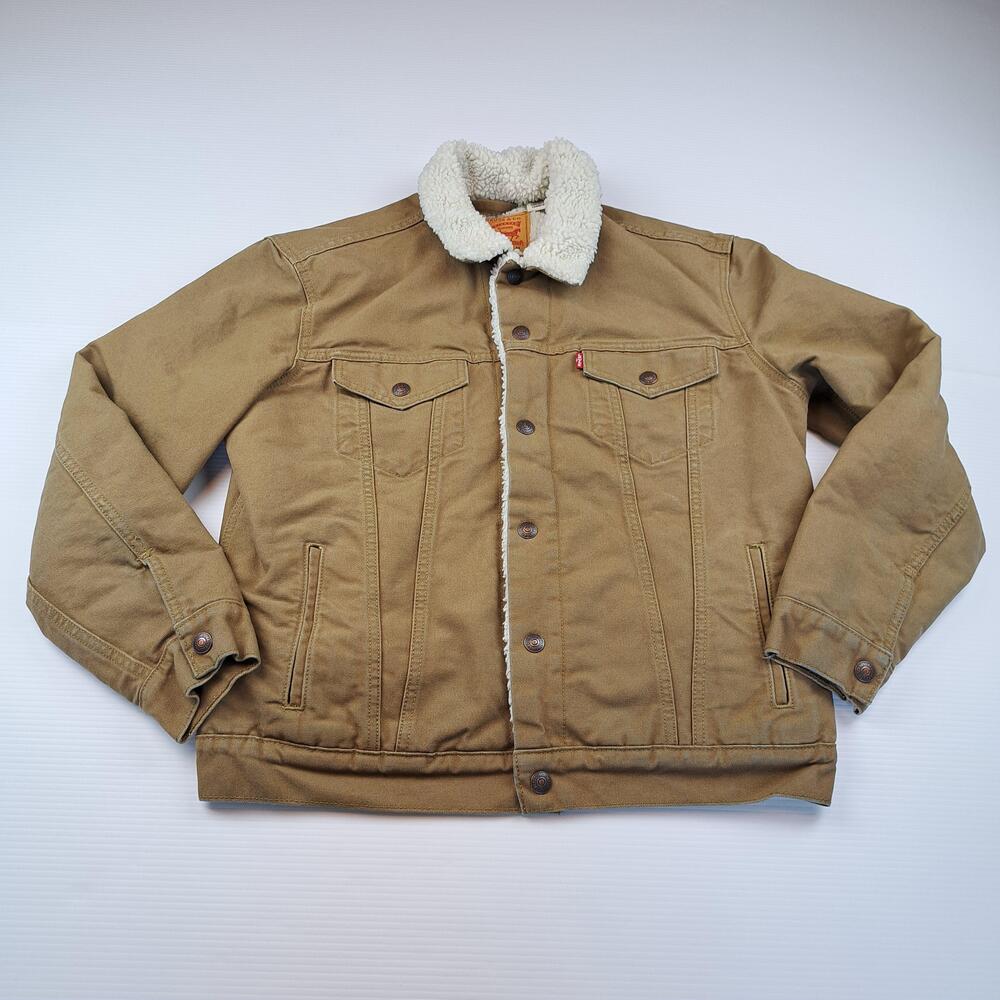 Levis Jacket Mens Medium Brown Sherpa Lined Canvas Trucker Bomber Coat Winter